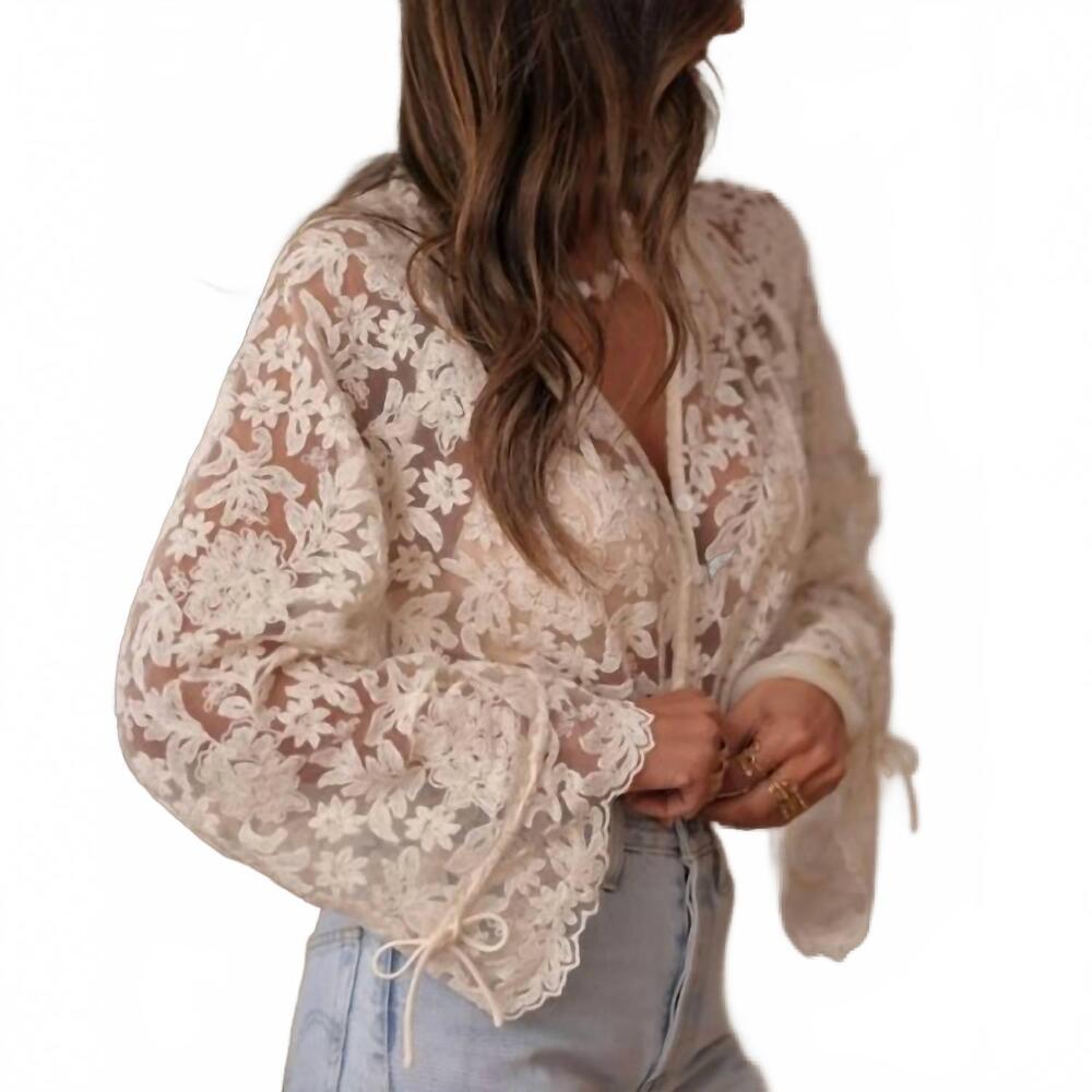 NEW ROSA CLOTHING women's boho lace floral sheer blouse in beige - Picture 4 of 4
